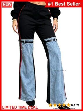 Contrast Patchwork Flare Pants with Buckle Straps High Rise Cotton Spandex